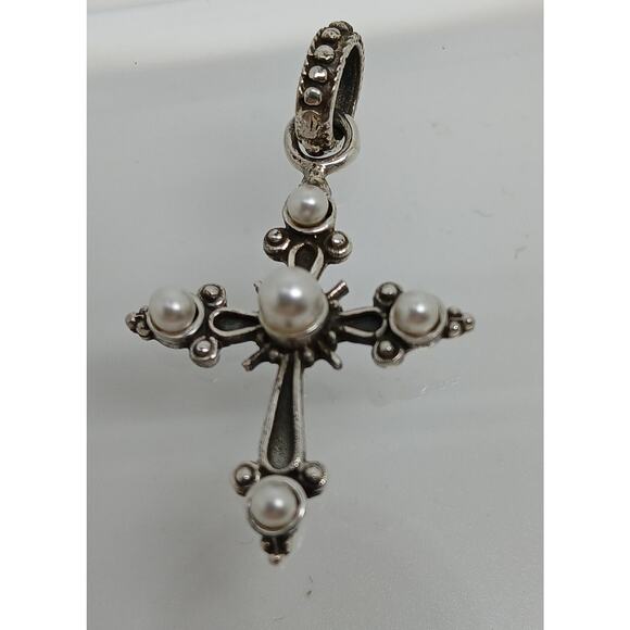 Vintage Sterling Silver Cross Pendant Necklace Enhancer Faux Pearl Designer - Picture 1 of 9